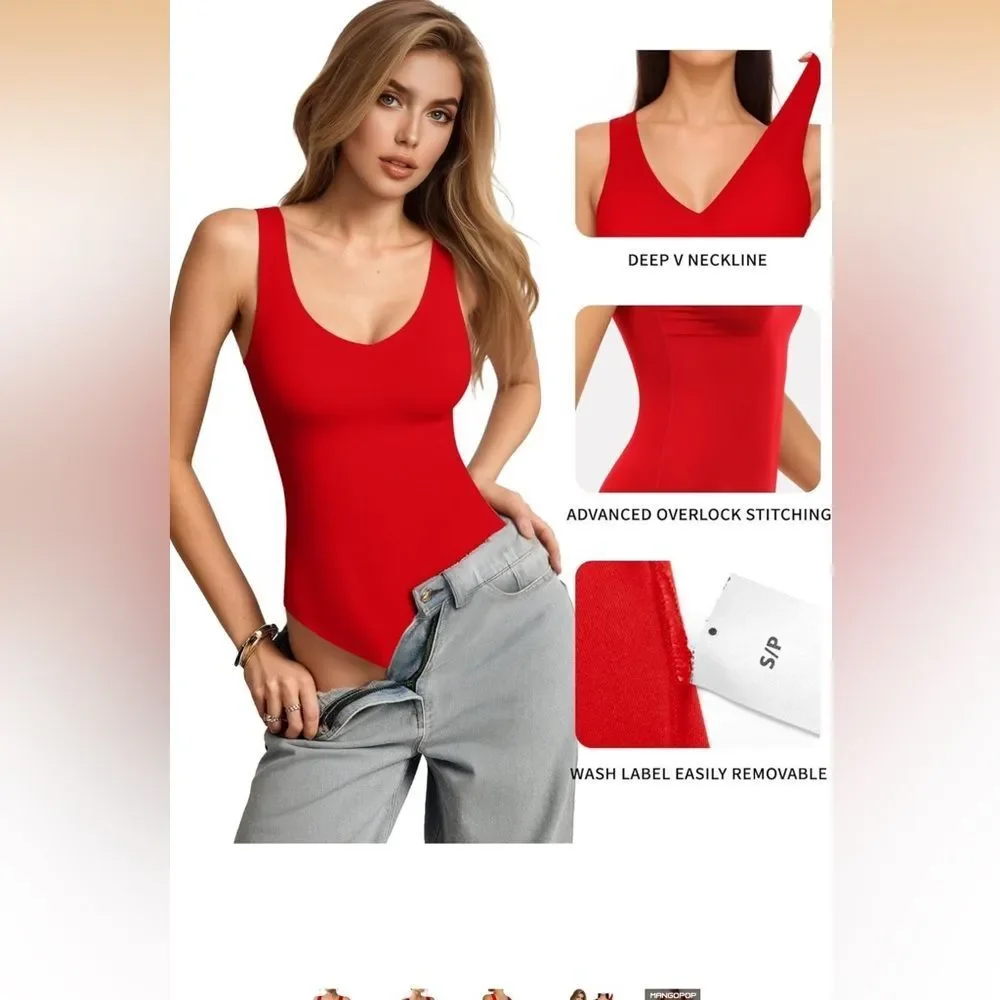 V-neck Tank Top Bodysuit Sexy Thong Double Lined Body Suit Sleeveless Backless - Picture 4 of 5